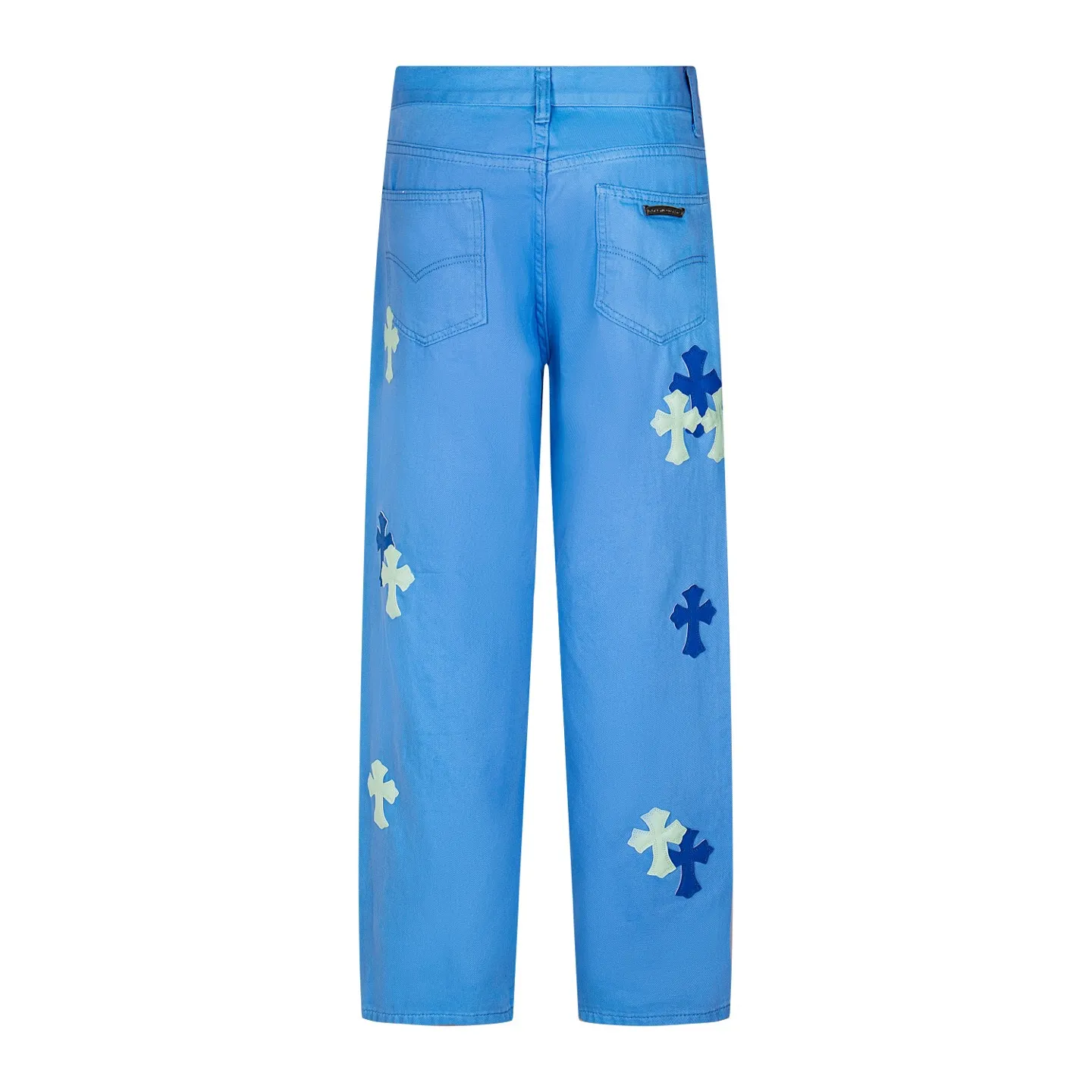 P270 CHROME HEARTS 25ss dopamine light blue cross patch leather washed jeans - Full of exploring the ultimate in fashion, Chrome Hearts' new Chrome Hearts pants not only present a unique style, the fresh ice blue color looks particularly youthful and energetic. The mid-high waist design is paired with a lazy and casual style, which not only shows long legs but also maintains a casual feel. It is a must-have fashion choice for trendy men and trendy women. Style number: 1752# Color: Dopamine light blue Size: 28 30 32 34